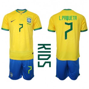 Brasilien Lucas Paqueta #7 Hemmaställ Barn VM 2022 Kortärmad (+ Korta byxor)